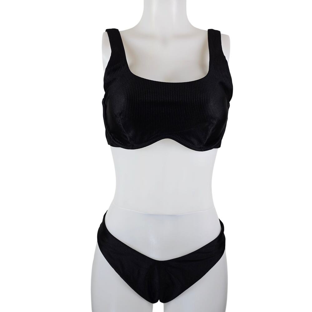 Victoria Secret Pink Black Ribbed Bikini Set Summer Poolside Women's XL